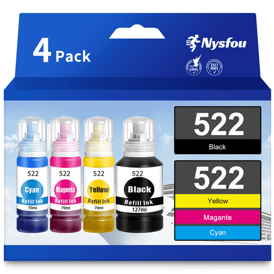 522 Ink Bottle for Epson 522 T522 Refill Ink for Epson EcoTank ET-2720 ET-4700 ET-2800 ET-2803 ET-4800 Printer (Black, Cyan, Magenta, Yellow, 4-Pack)